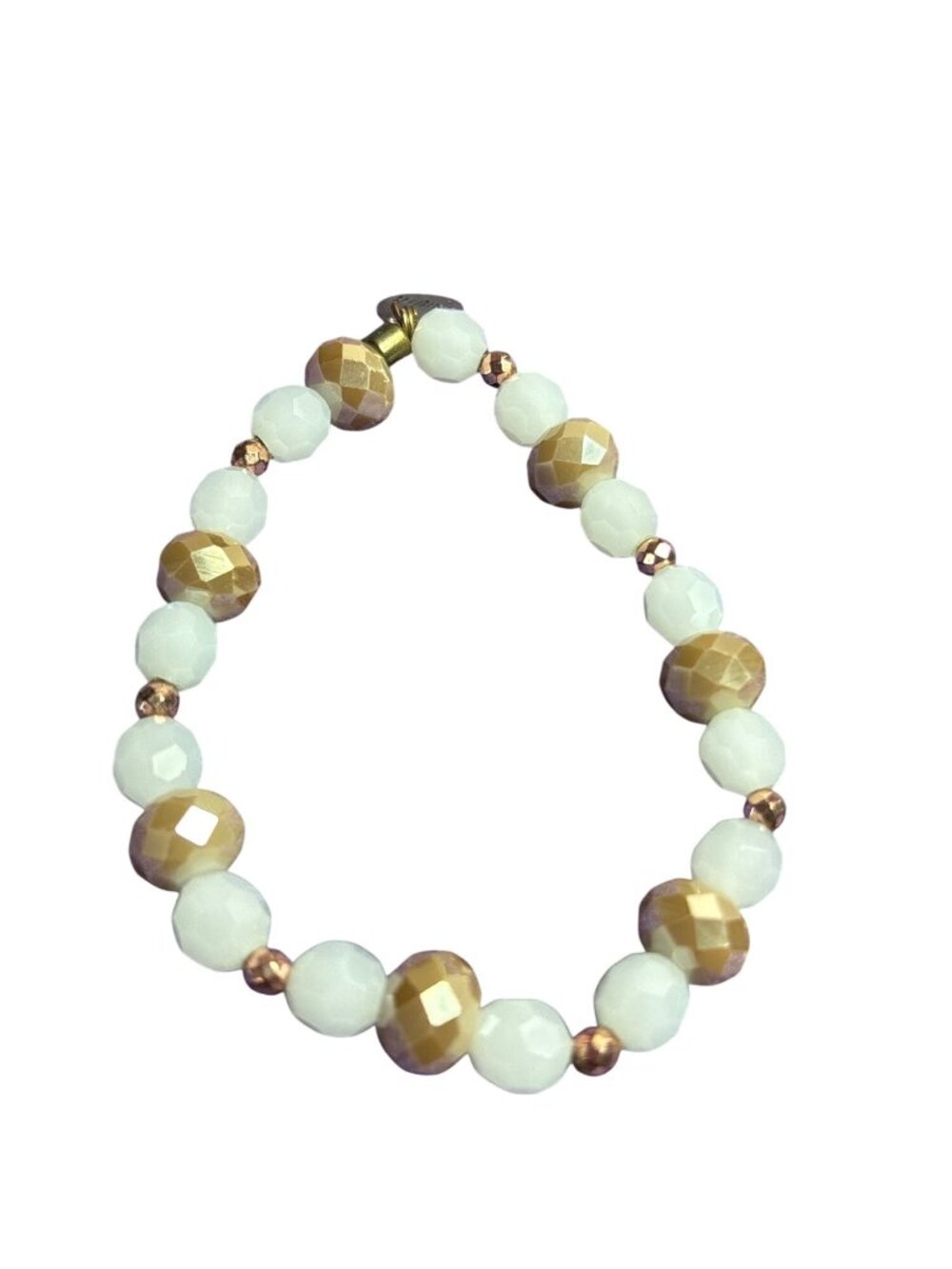 Ermish White Beige Goldtone Faceted Glass Beaded Stretchy Bracelet 7 inches Unst - Picture 2 of 3